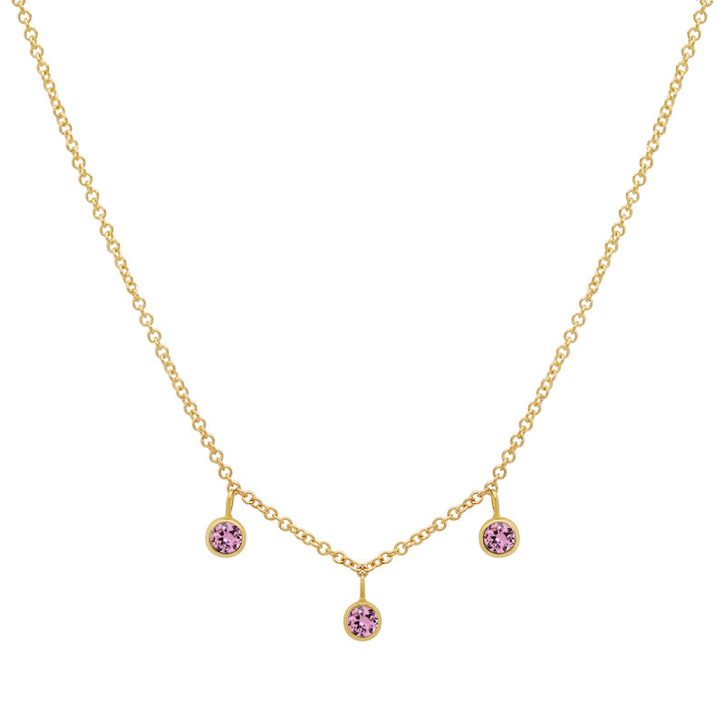 3 Mini Pink Sapphire Bezel Dangle Necklace