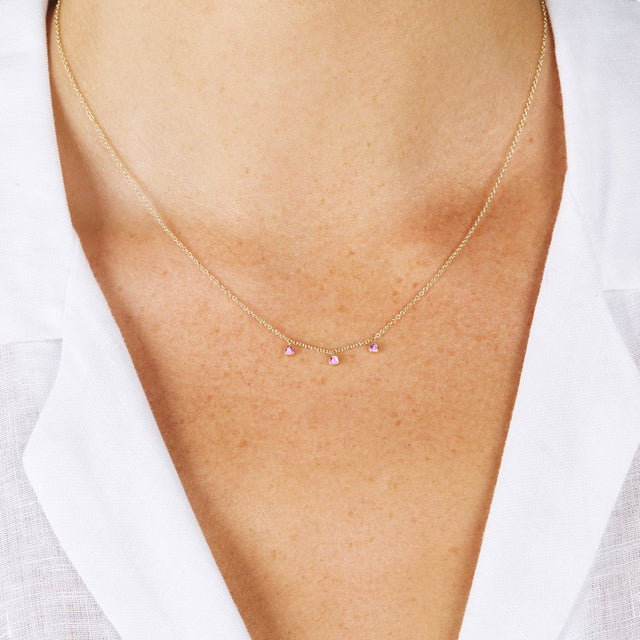3 Mini Pink Sapphire Bezel Dangle Necklace