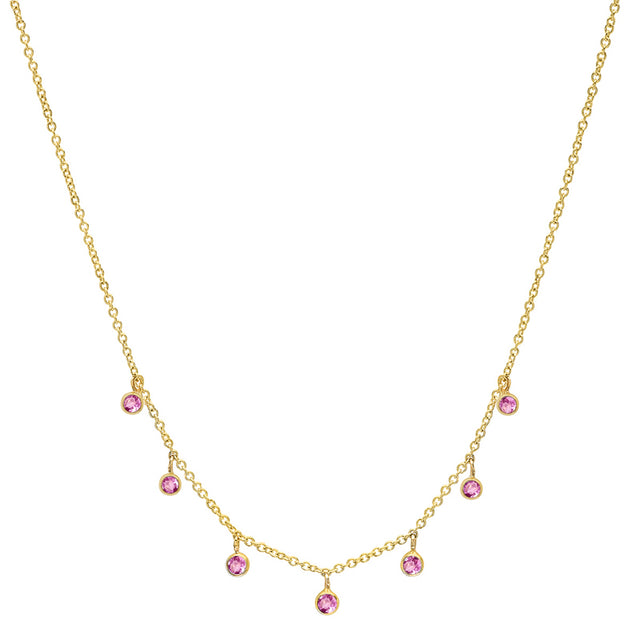 7 Mini Pink Sapphire Bezel Dangle Necklace