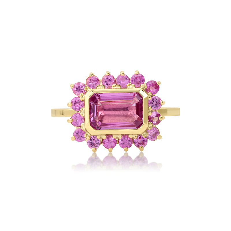 Emerald-Cut Pink Sapphire Ring With 3-Prong Pink Sapphire Surround