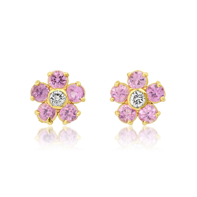Large Pink Sapphire Flower Studs with Diamond Center