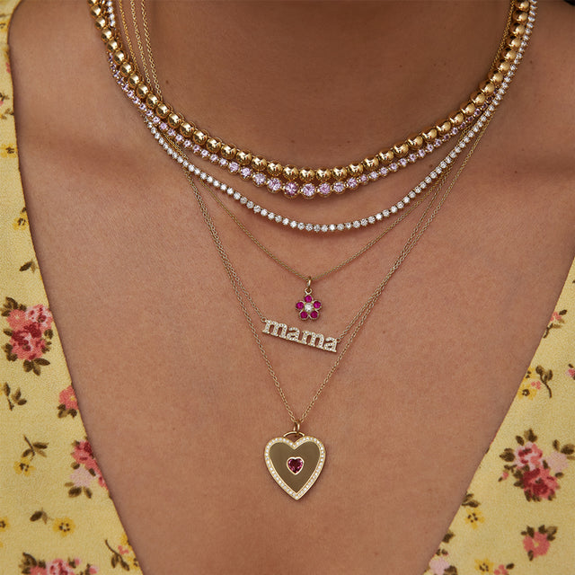 Large Ruby Flower Necklace with Diamond Center