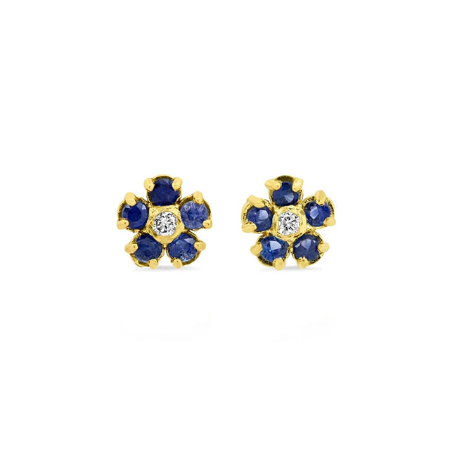 Blue Sapphire Flower Studs with Diamond Center