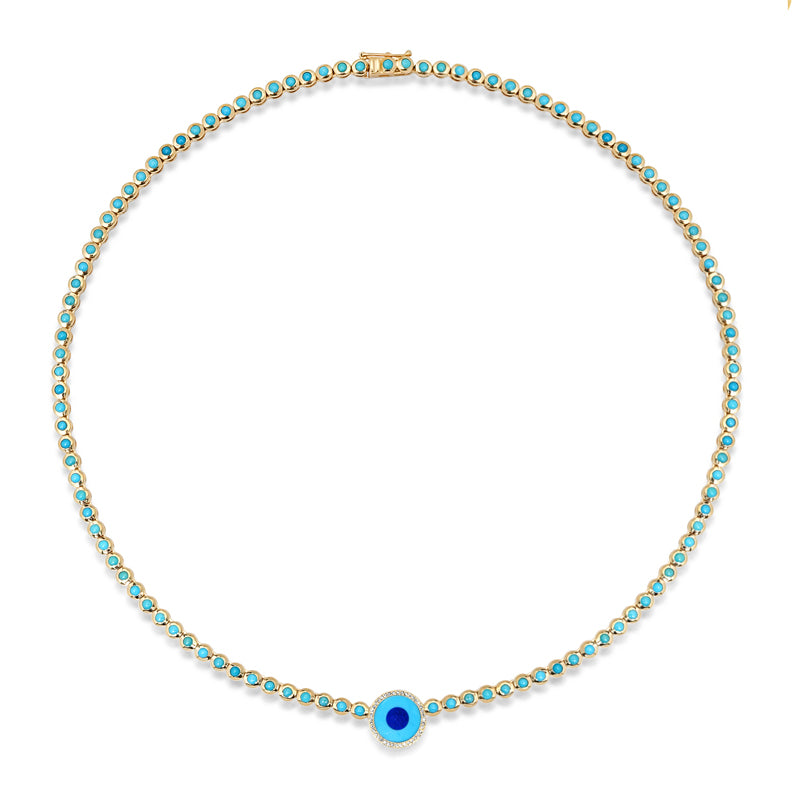 Turquoise Mini Bezel Tennis Necklace with Mini Turquoise Evil Eye with Diamonds