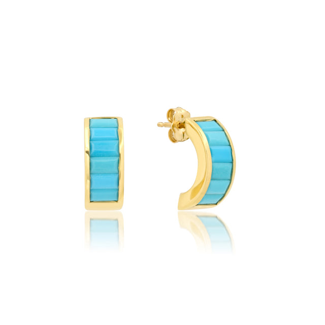 Wide Channel-Set Turquoise Baguette Hoops