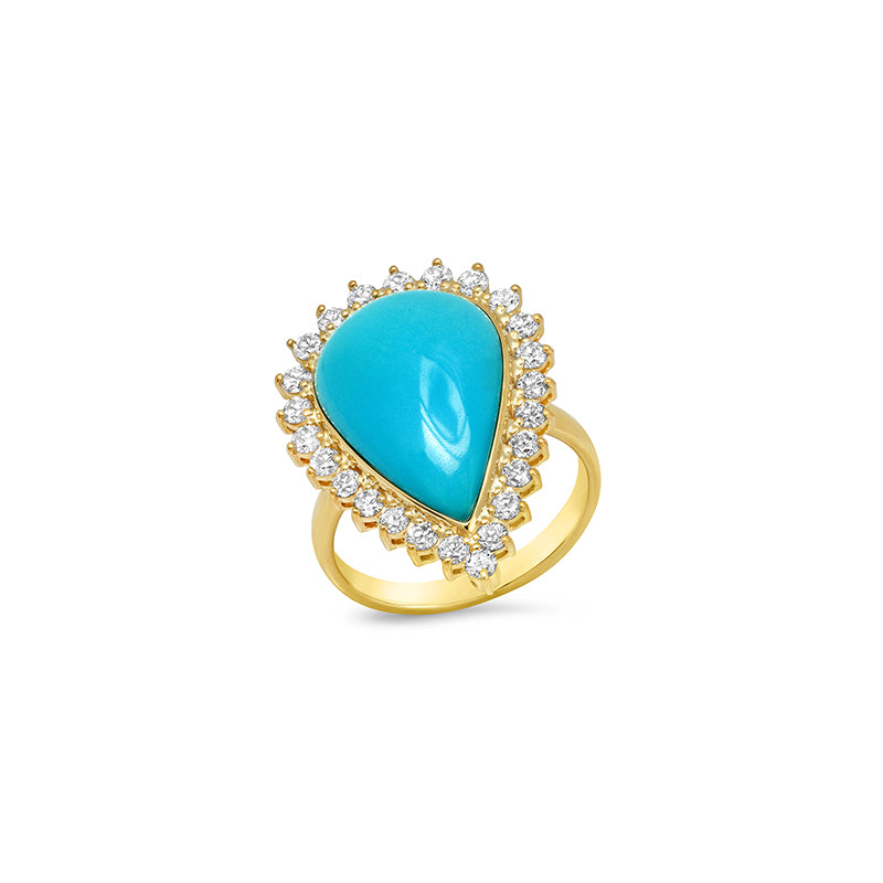 Cabochon, Pear-Cut Turquoise with 3-Prong Diamond Surround Ring