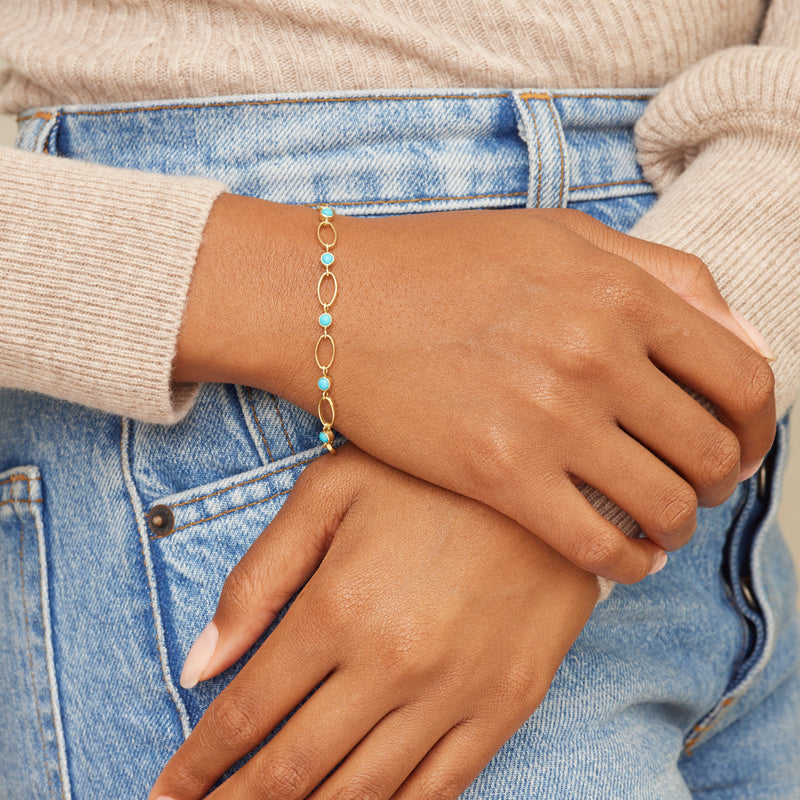 Medium Edith Link Bracelet with Turquoise Bezel Accents