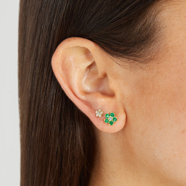 Large Emerald Flower Studs with Diamond Center