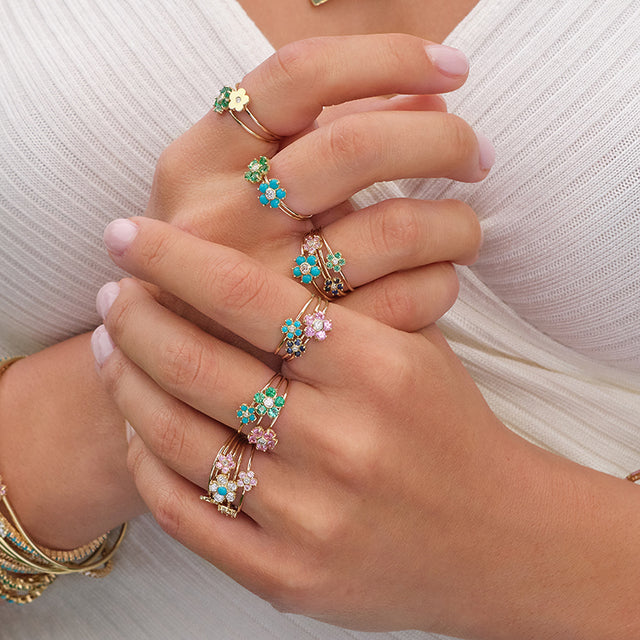 Emerald Flower Ring with Diamond Center