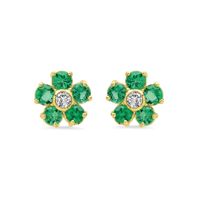 Large Emerald Flower Studs with Diamond Center