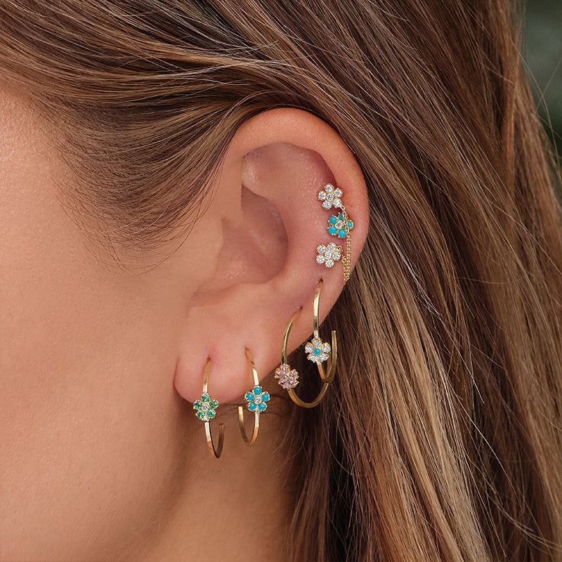 Small Hoops with Diamond and Turquoise Flower Accent