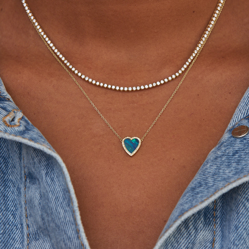 Mini Blue Boulder Opal Inlay Heart Necklace with Diamonds