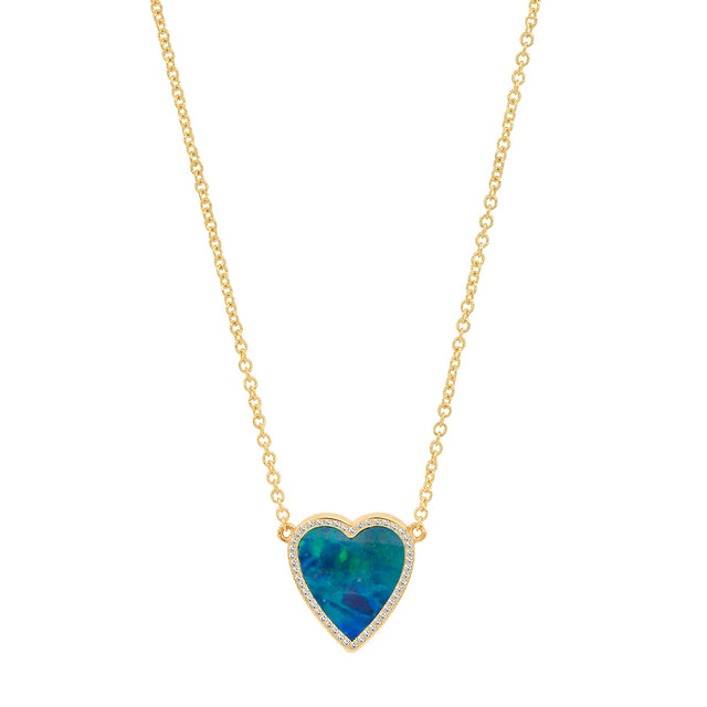 Mini Blue Boulder Opal Inlay Heart Necklace with Diamonds