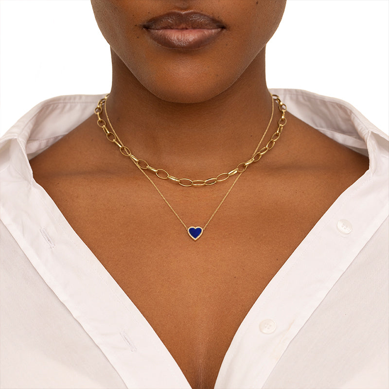 Mini Lapis Inlay Heart Necklace with Diamonds
