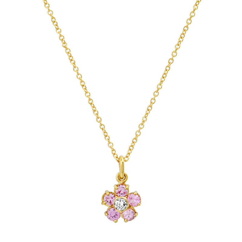 Large Pink Sapphire Flower Necklace with Diamond Center