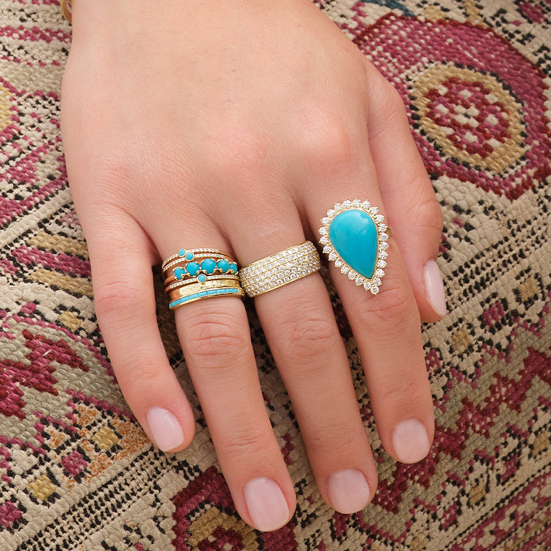 Cabochon, Pear-Cut Turquoise with 3-Prong Diamond Surround Ring