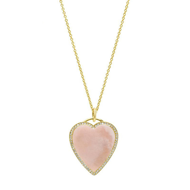Pink Opal Inlay Heart Necklace with Diamonds