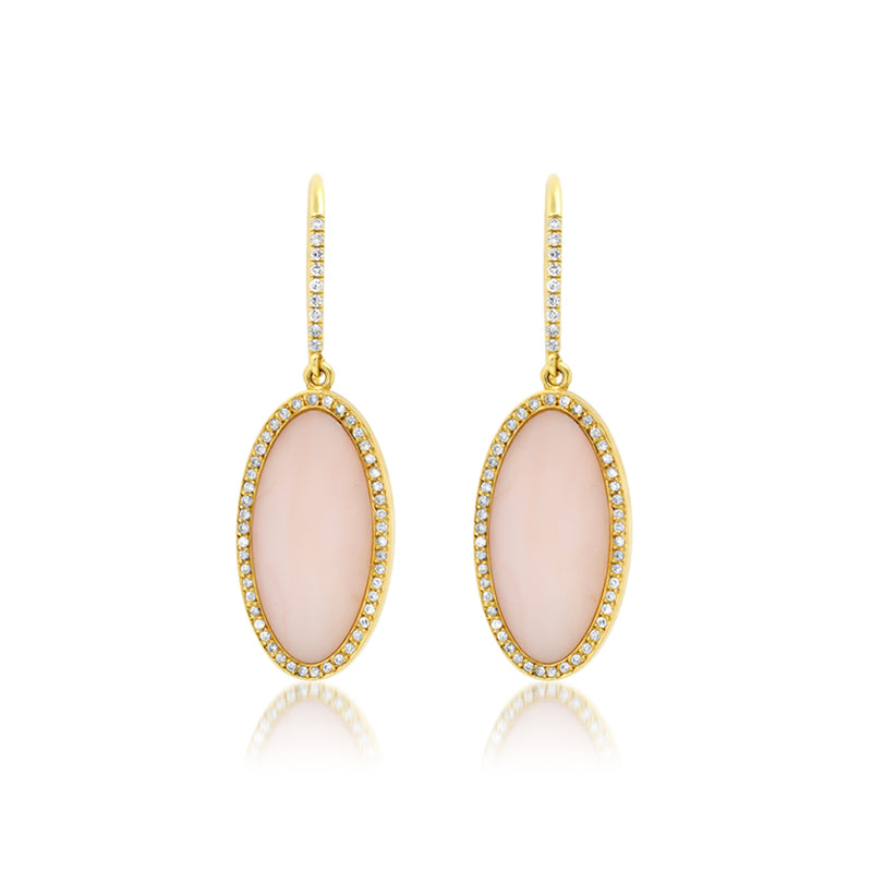 Pink Opal Inlay Oval Drop Earrings with Diamonds