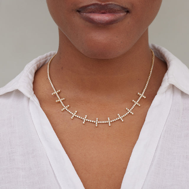 4-Prong Diamond Cross Bar Tennis Necklace