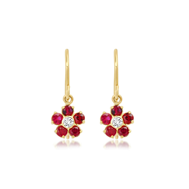 Large Ruby Flower Drop Earrings with Diamond Center