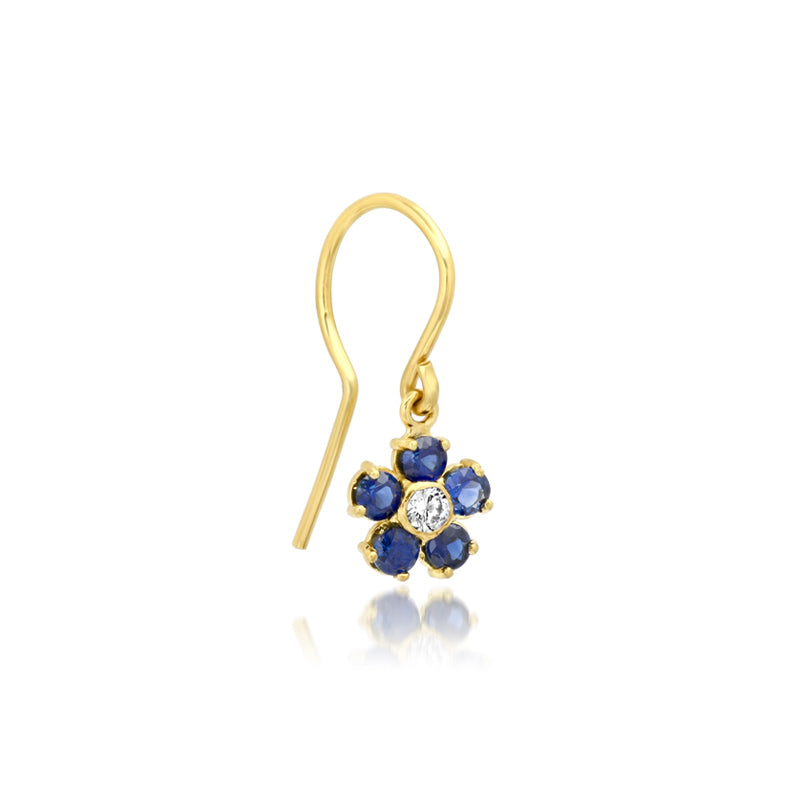 Large Blue Sapphire Flower Drop Earrings with Diamond Center