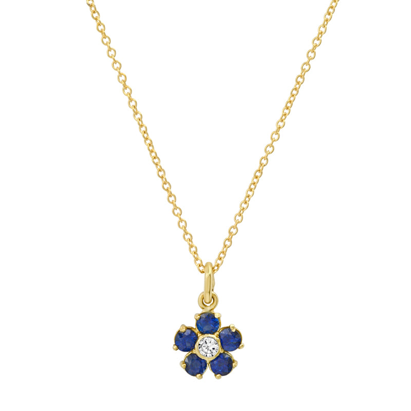 Large Blue Sapphire Flower Necklace with Diamond Center