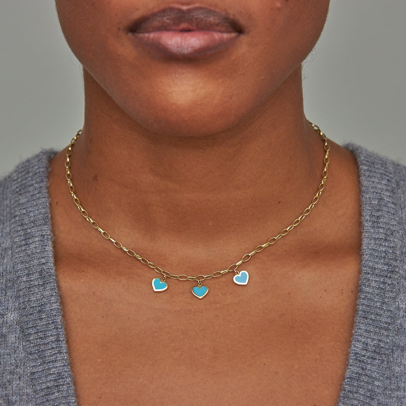 Small Edith Link Necklace with 3 Turquoise Inlay Heart Drops