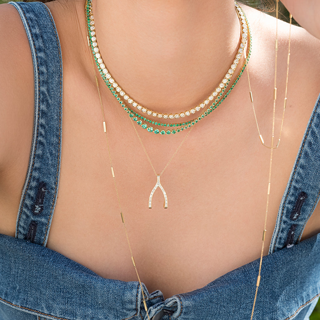 Channel Set Diamond Baguette Wishbone Necklace