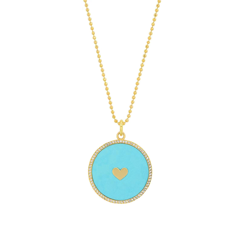 Turquoise Inlay Circle Pendant with Diamonds and Heart Detail