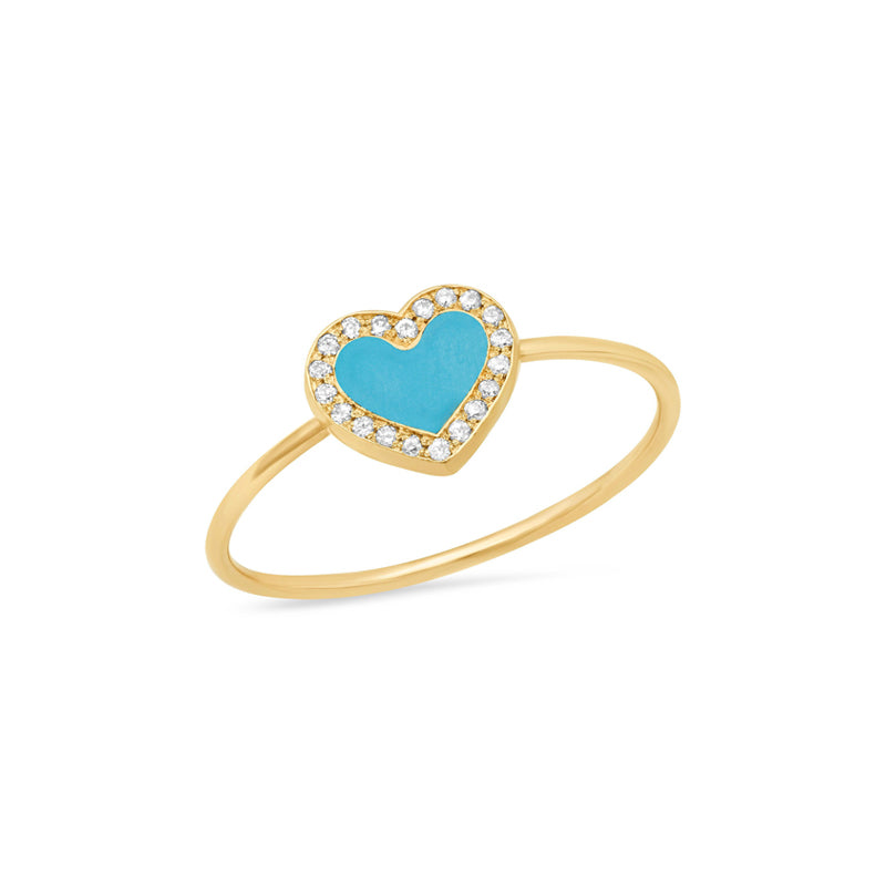 Extra Small Turquoise Inlay Heart Ring with Diamonds
