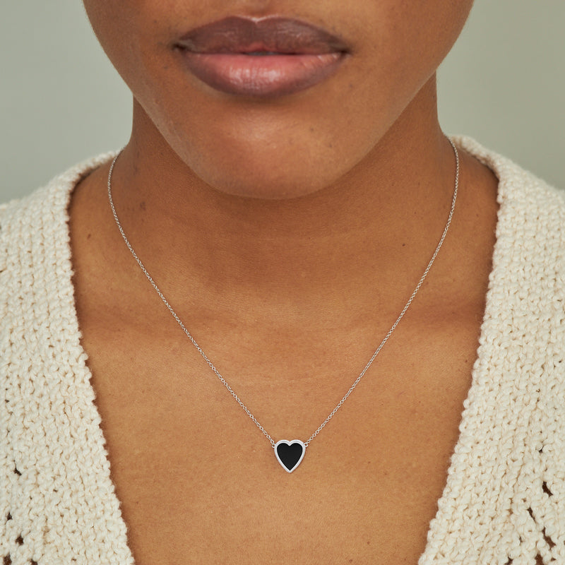 White Gold Mini Onyx Inlay Heart Necklace
