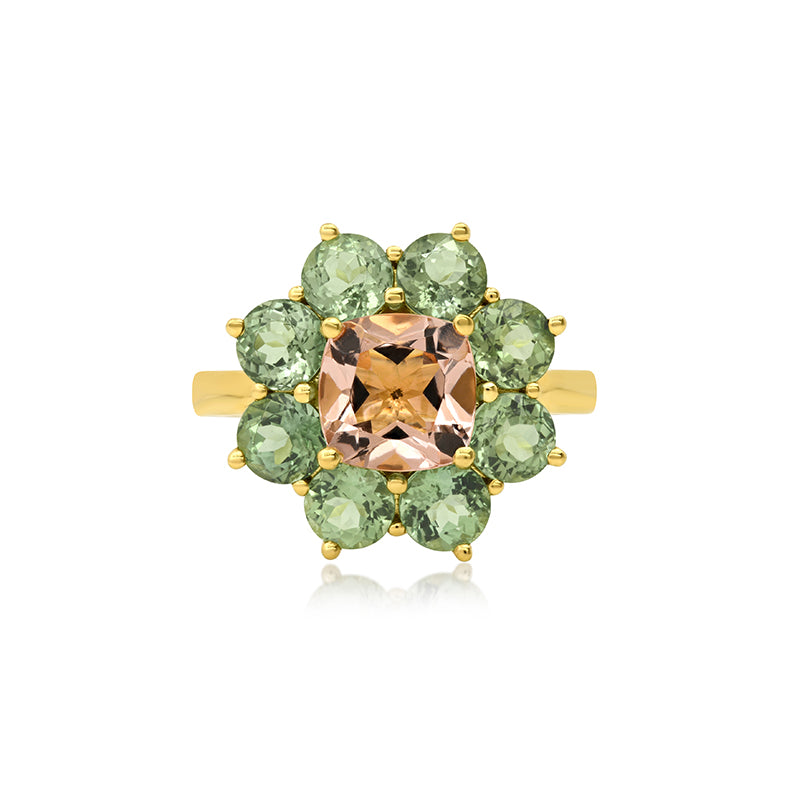 Statement Mint Tourmaline Flower Ring With Morganite Center