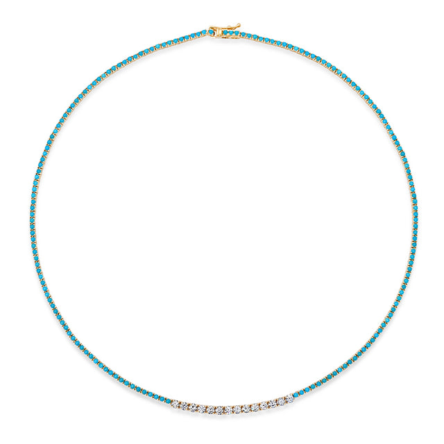4-Prong Turquoise Tennis Necklace with Large 4-Prong Diamond Accent