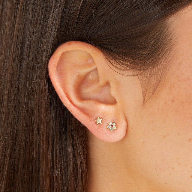 Diamond Flower Studs with Pink Sapphire Center