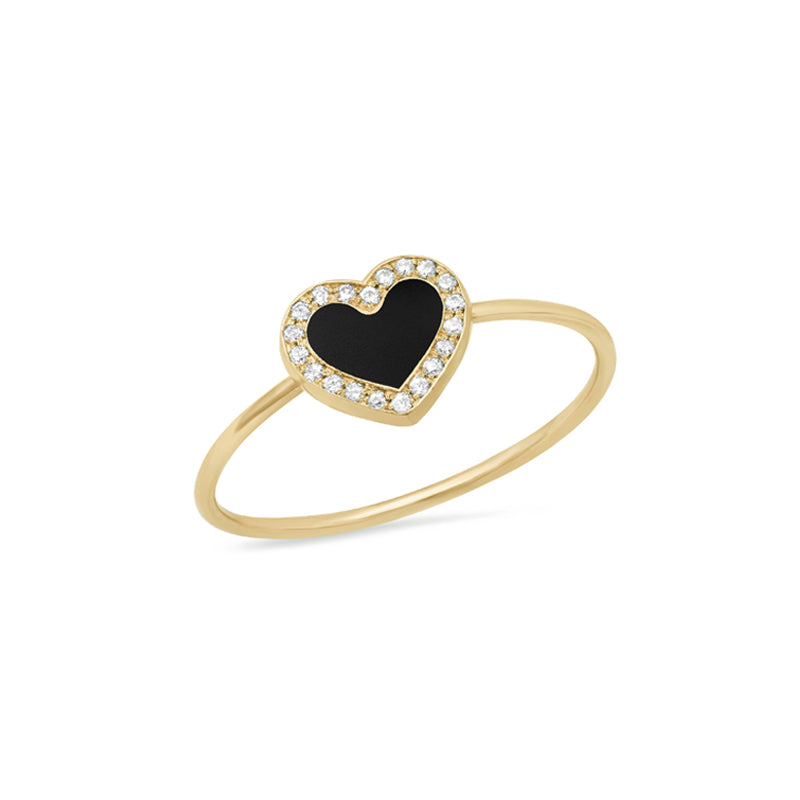 Extra Small Onyx Inlay Heart Ring with Diamonds