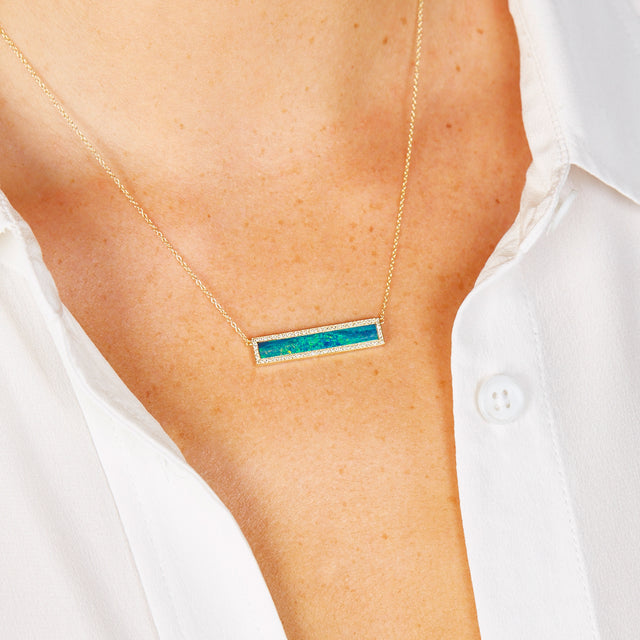 Blue Boulder Opal Inlay Bar Necklace with Diamonds