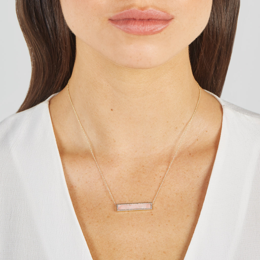 Pink Opal Inlay Bar Necklace with Diamonds
