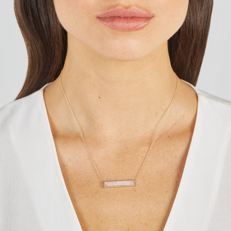 Pink Opal Inlay Bar Necklace with Diamonds