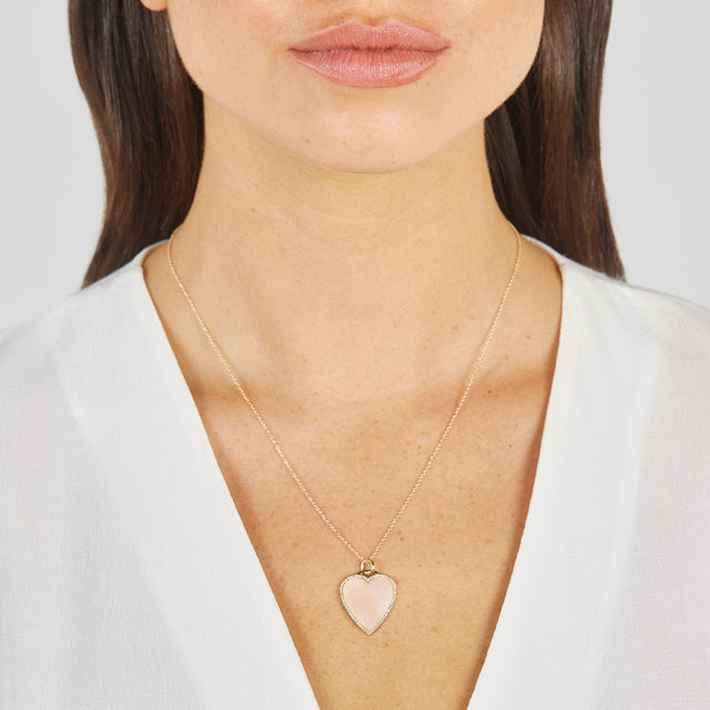 Pink Opal Inlay Heart Necklace with Diamonds