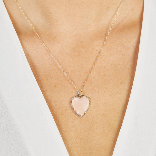 Pink Opal Inlay Heart Necklace with Diamonds
